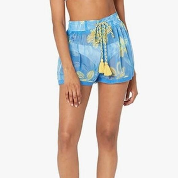 Ramy Brook Pants - RAMY BROOK Shorts NEW Size S Printed Tessa Semi Sheer Blue Elastic Waist $195